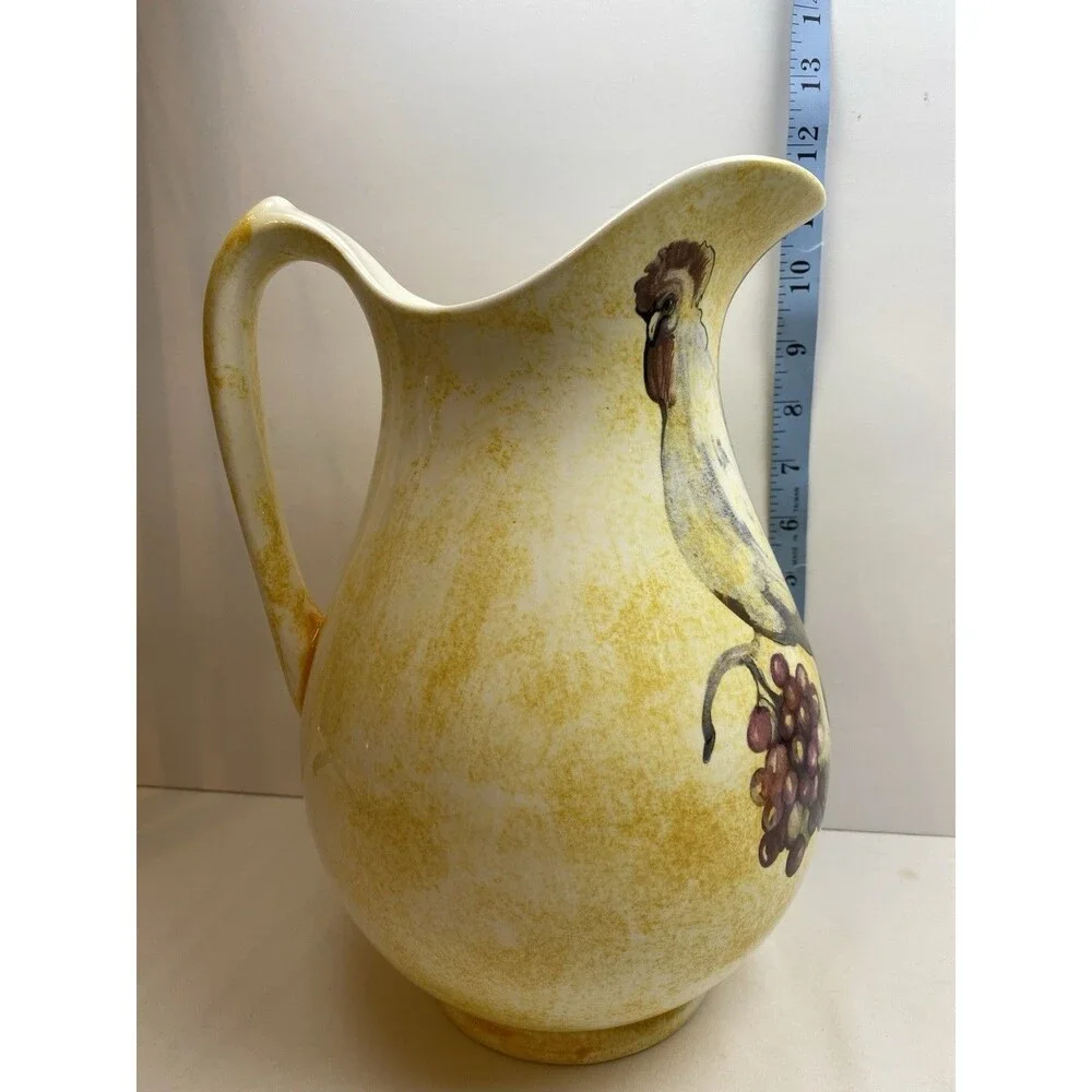 Ceramic Yellow Pitcher Rooster/Chicken Grapes Signed Hand Painted